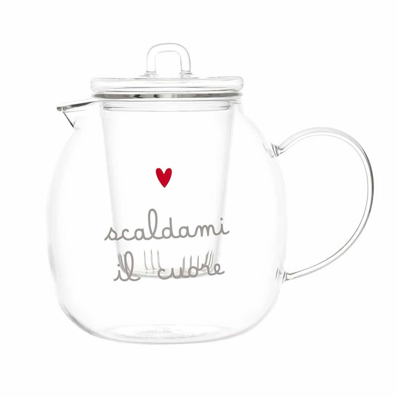 Teiera in vetro borosilicato da 1 litro decorata con scritta “Scaldami il cuore”, una fantastica idea regalo cucina